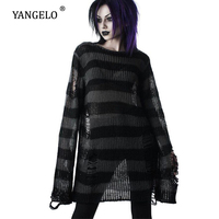 Punk Gothic długi Unisex sweter 2021 lato kobiety paski fajne Hollow Out Hole Broken Jumper Loose Rock cienki ciemny Streetwear Top